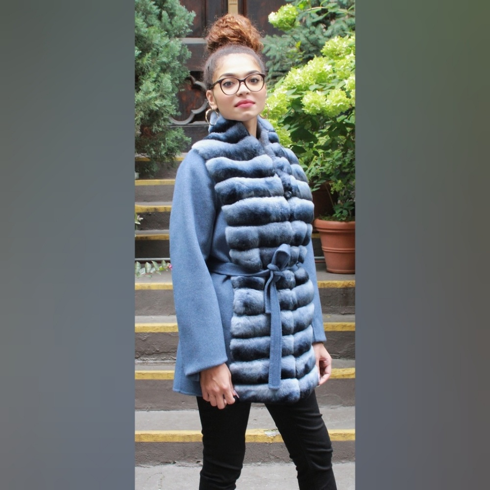 Blue Wool Jacket Rex Rabbit Horizontal Front Belts - Picture 2 of 4